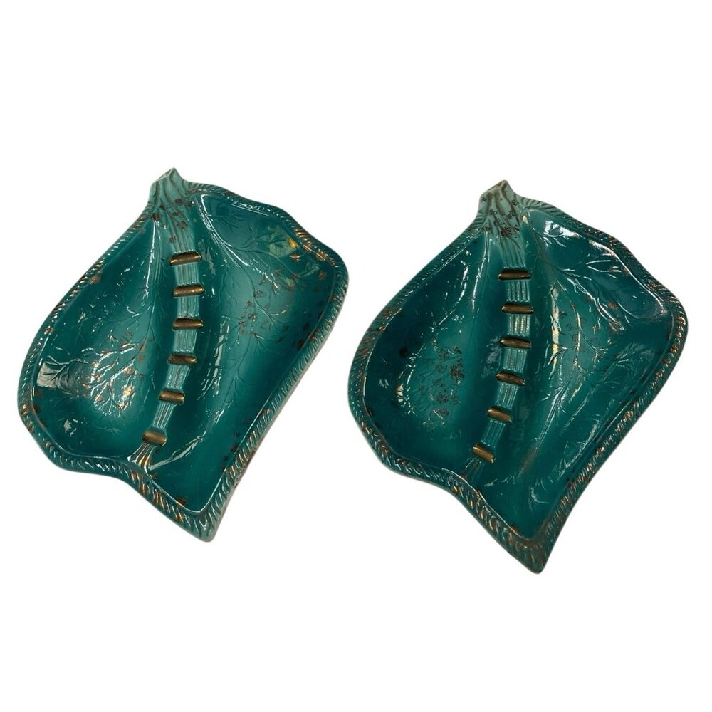 Vintage Ceramic Ashtray Leaf Shape Japan Green Swirl Glazed‎ MCM Retro Set Of 2